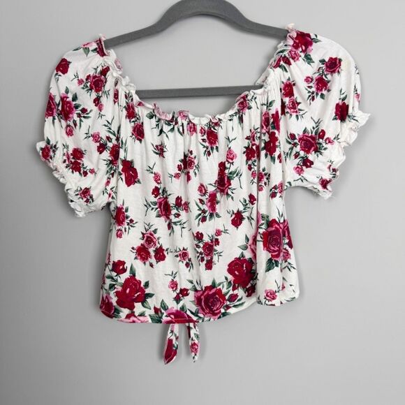 DIVIDED H&M | White Rose Print Floral Off-Shoulder Tie Front Top Women’s Size L - Picture 8 of 8